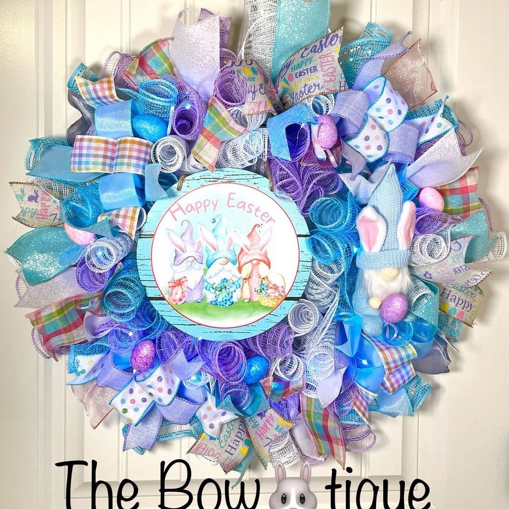 Handmade Easter Bunny Gnome Prelit Ribbon Wreath 22 in LED W9